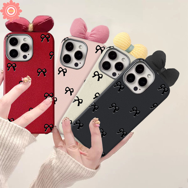 แฟชั่นน่ารัก Bow Knot 3D DIY ตุ๊กตาสี Bow Knot สําหรับ IPhone 11 14 16 13 15 12 Pro Max 16 14 15 Plus XR X XS Max หรูหราผิวรู้สึกเลนส์กรอบหนังกรณี