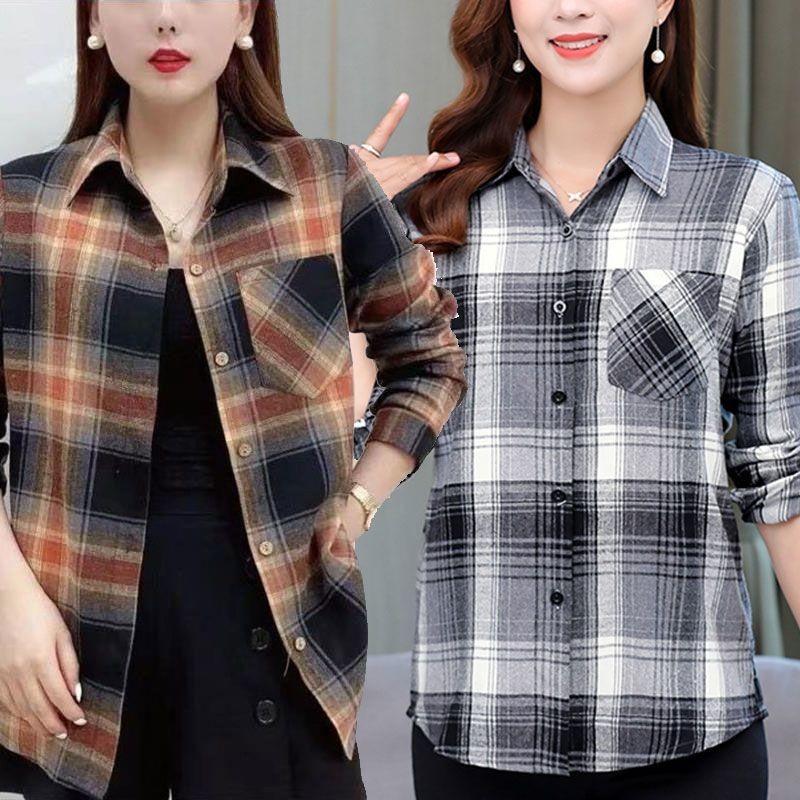 แม่เสื้อเชิ้ตแขนยาวบางหลวมขนาดใหญ่ฤดูใบไม้ผลิฤดูใบไม้ร่วงเสื้อลายสก๊อต - รูปที่ 3