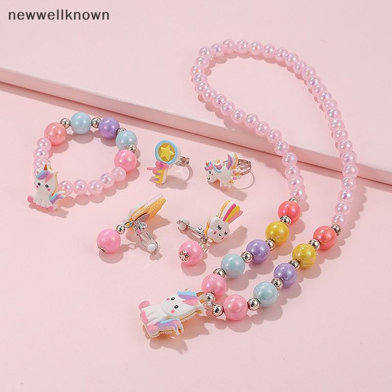 สุทธิ น่ารักยูนิคอร์นจี้ลูกปัดสายรุ้งเด็กสร้อยคอสร้อยข้อมือชุดสําหรับสาวแฟชั่นพรรคเครื่องประดับอุปกร