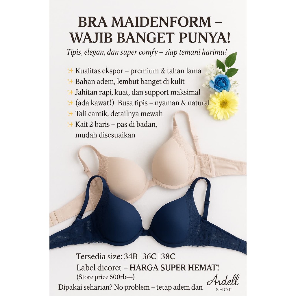 บราไร้โครงโฟมบางธรรมดาพร้อมปีกลูกไม้ / เสื้อชั้นใน Maidenform พรีเมี่ยมใน Mocha 34B - WR