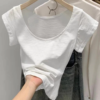 เสื้อยืดแขนสั้นคอกลมผ้าฝ้ายสลาฟใส่สบายด้านบนของผู้หญิง S-XL