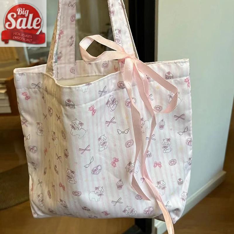 AF Floral Small Fresh Bow กระเป๋าสะพายแฟชั่นความจุขนาดใหญ่กระเป๋าถือ Tote Bag Girls Artistic Shopping Bag A