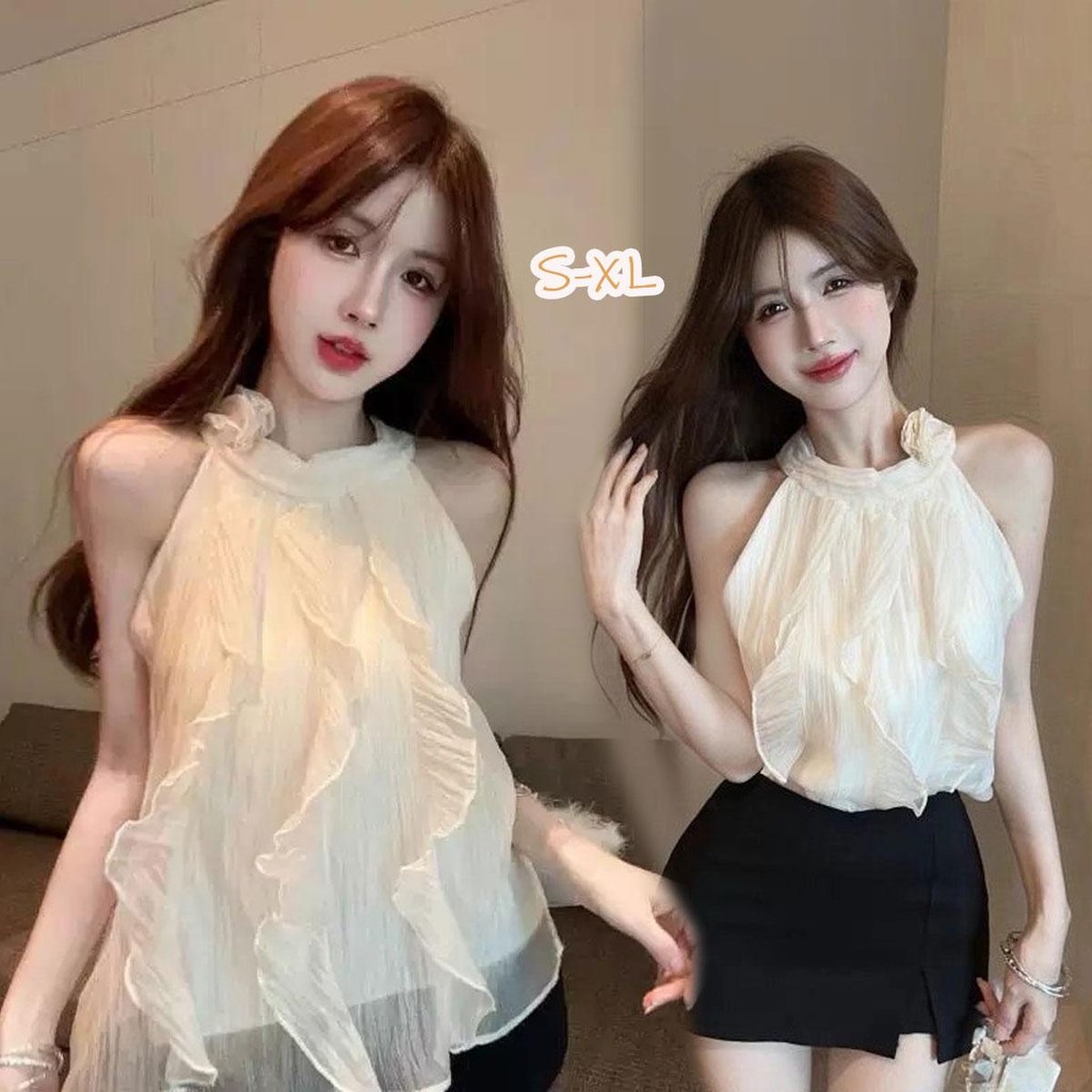 Dahong 💛เสื้อแขนกุด ผ้าชีฟองสีครีม  สไตล์ใหม่ เวอร์ชั่นเกาหลี แฟชั่น แต่งระบายด้านหน้า หลังคอติดกระดุม หรูหรา W602