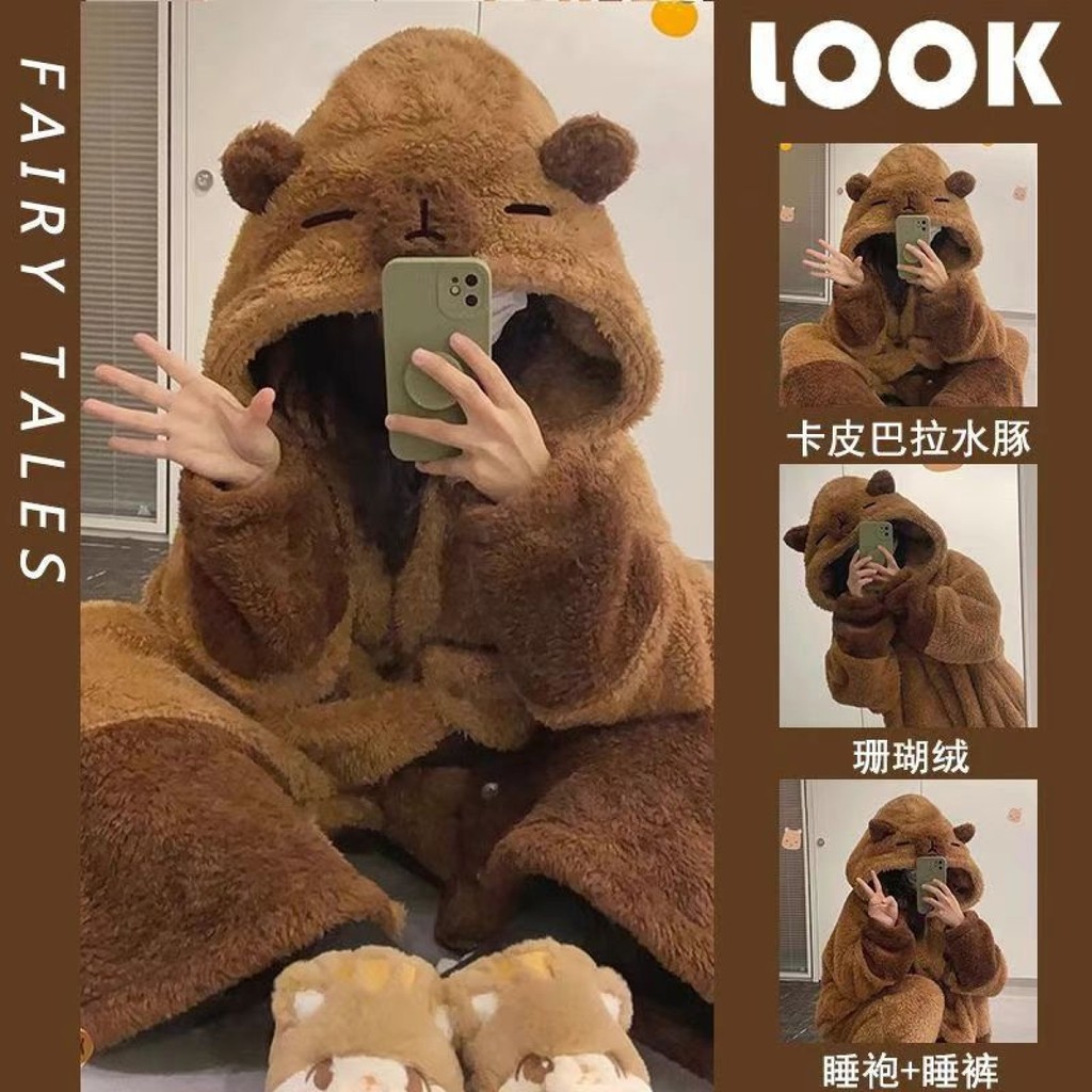 ใหม่ Kapi Bala ชุดนอนผู้หญิงฤดูหนาว Nightgown นักเรียนน่ารักเสื้อคลุมอาบน้ําขนแกะปะการังขนแกะเรียงรา