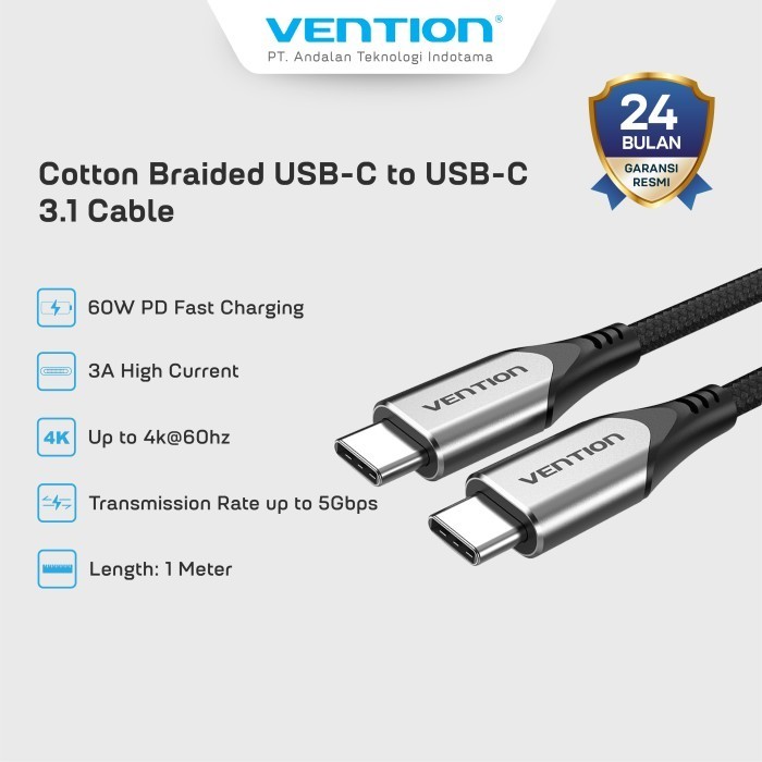 Vention USB C to USB-C 3.1 3A 5Gbps Cotton Braided Jacket Data Cable - TAA