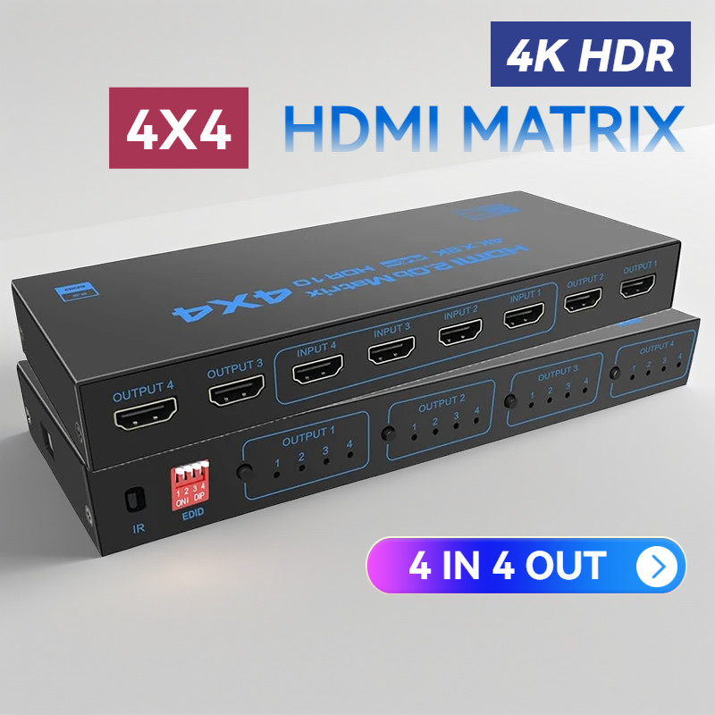 4K 4x4 HDMI Matrix Switch 4 IN 4 OUT HDMI Splitter ตัวเลือกวิดีโอเสียงสำหรับกล้อง PC ไปยังจอภาพทีวี