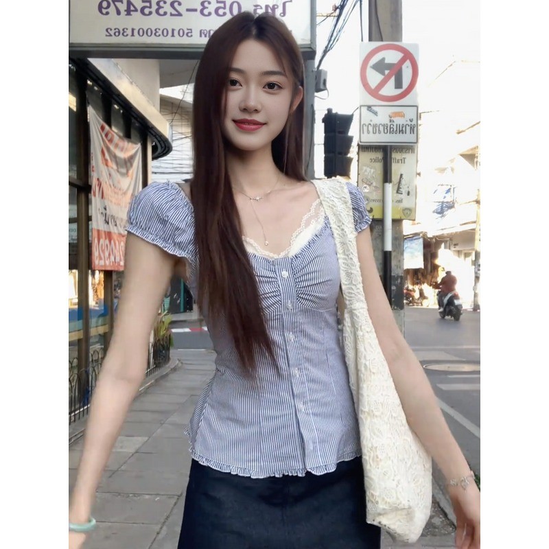 LINNAคอวี แถบ แขนสั้น เสื้อเชิ้ต เวอร์ชั่นเกาหลี รูปที่ 2