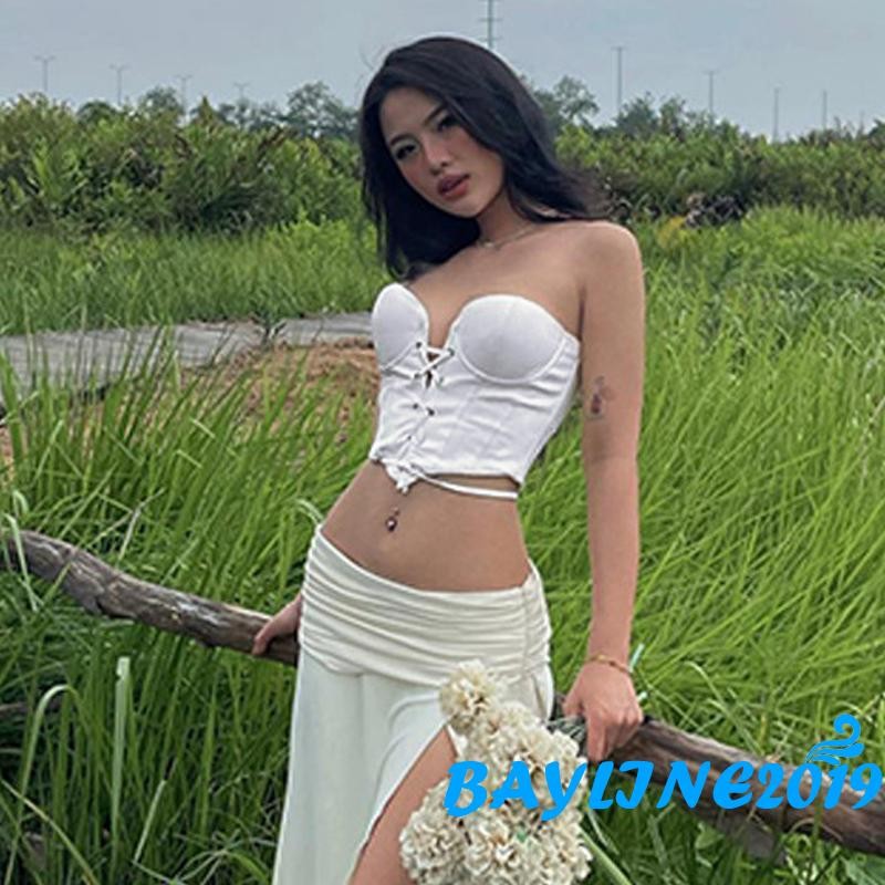 (จัดส่งในกรุงเทพฯ)-ผู้หญิง shaits ฤดูร้อน Slim Tube Tops สีทึบ Cross Tie เสื้อกั๊กด้านหน้า Strapless Slim Bustier Corset Tops