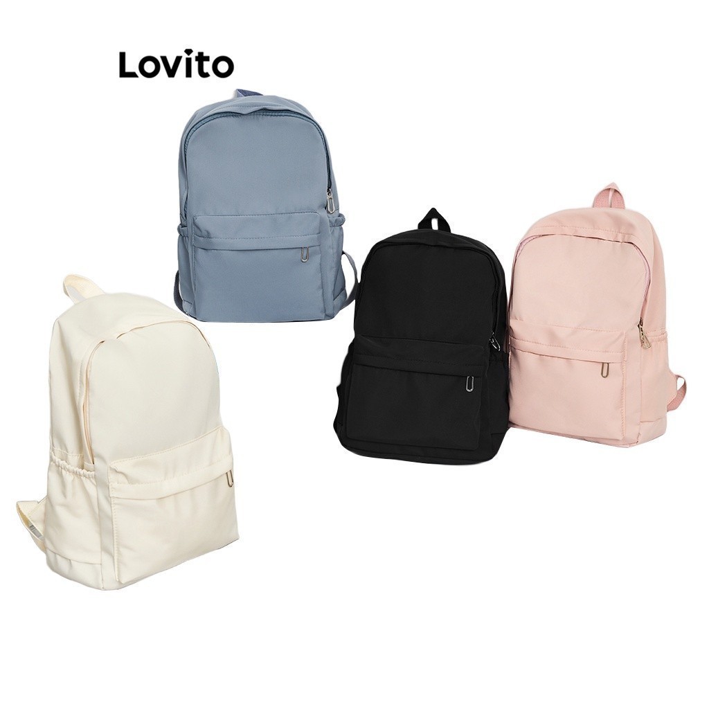 Lovito Preppy Backpack Plain Colorblock Double Shoulder Strap Multi-pocketed Backpacks for Women L41