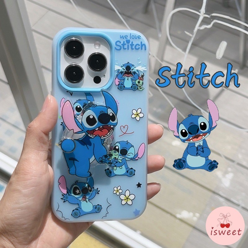 2 in 1 Kawaii Stitch โทรศัพท์มือถือสําหรับ iPhone 16 15 14 13 12 Pro Max 11 ผู้ถือขาตั้ง TPU PC Scratch Proof ฝาหลัง