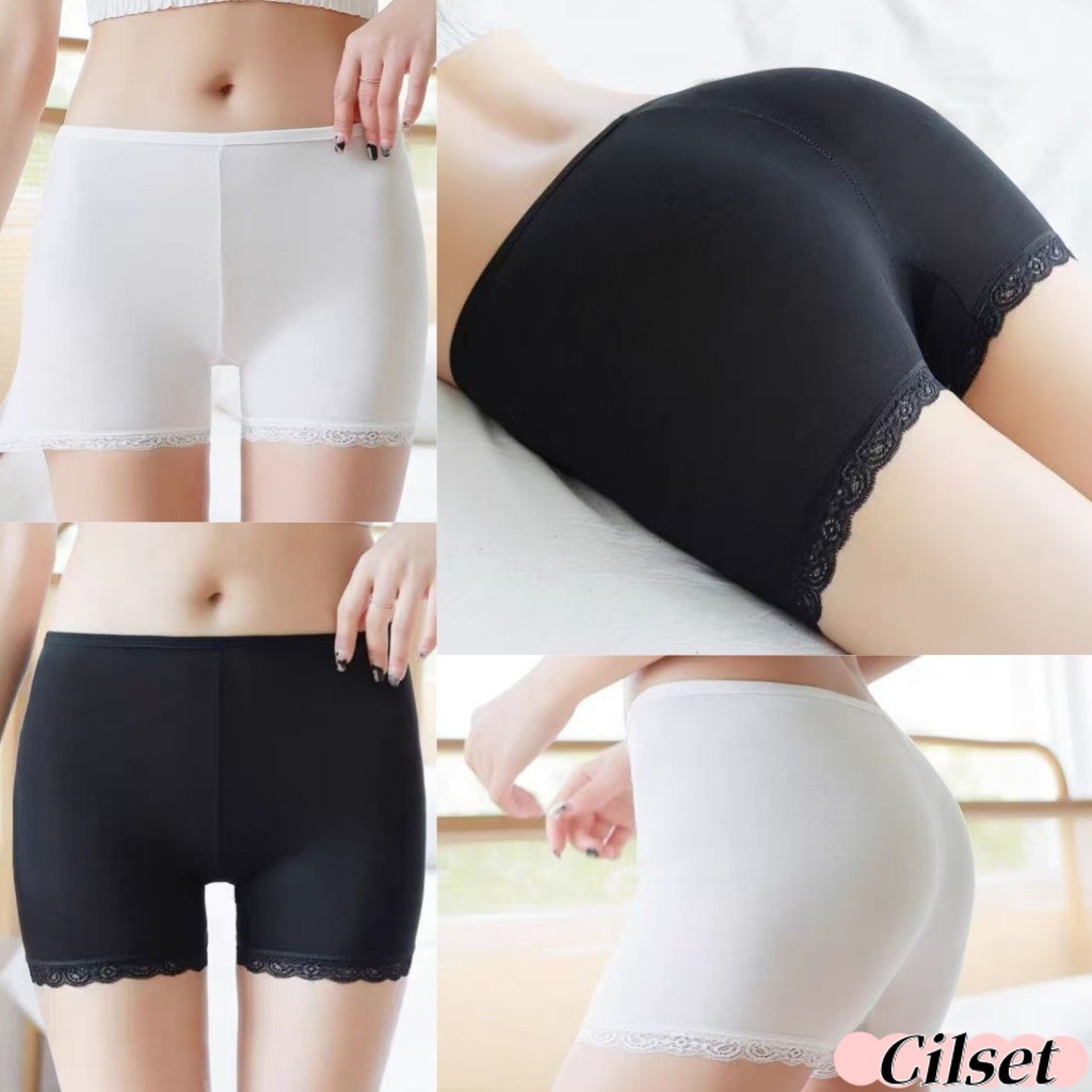 Cilset🛒พร้อมส่ง🎀กางเกงขาสั้น ซับใน ผ้าบางสีพื้น ขอบลูกไม้ ผ้าใส่สบาย /KK7085