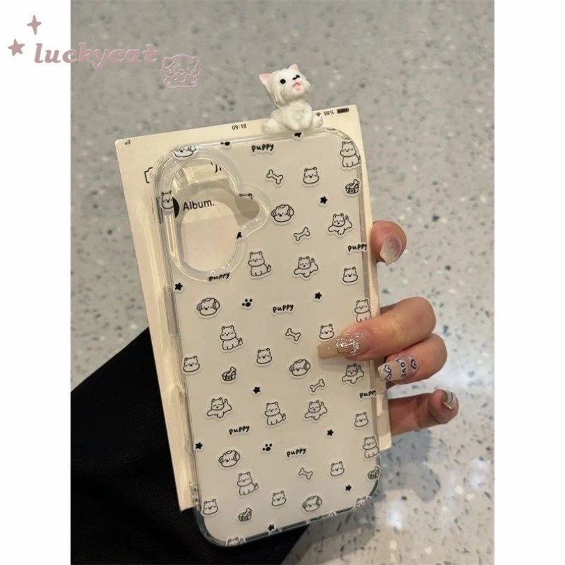 Iphone 16 15 14 13 12 11 Pro Max X Xr Xs Max 7 8 Plus SE2020 เคสโทรศัพท์น่ารัก 3D DIY Happy White Puppy Pattern Clear Soft Back Cover