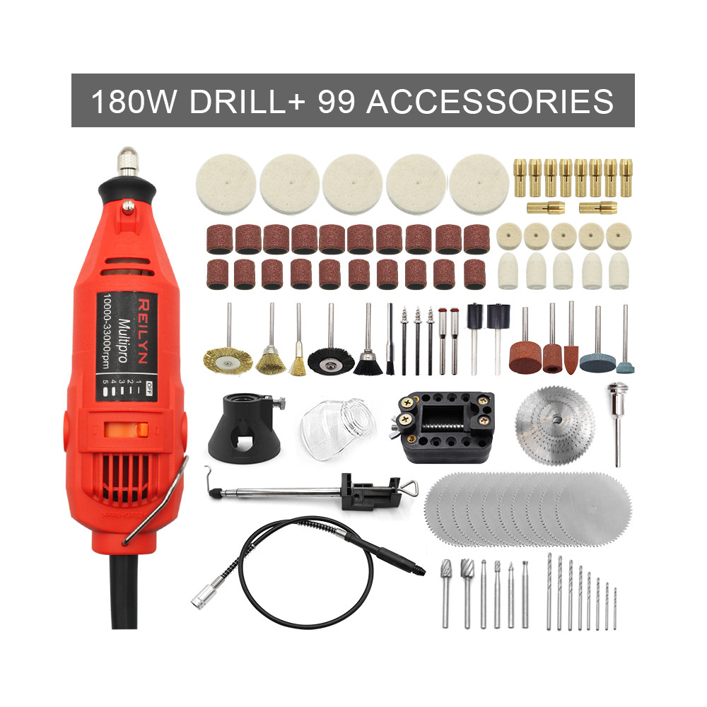 Reilyn 180W สว่านขนาดเล็ก DIY Dremel เครื่องมือเครื่อง 105 ชิ้นอุปกรณ์เสริม 1000-33000rpm เครื่องบดมินิเครื่องไร้สาย