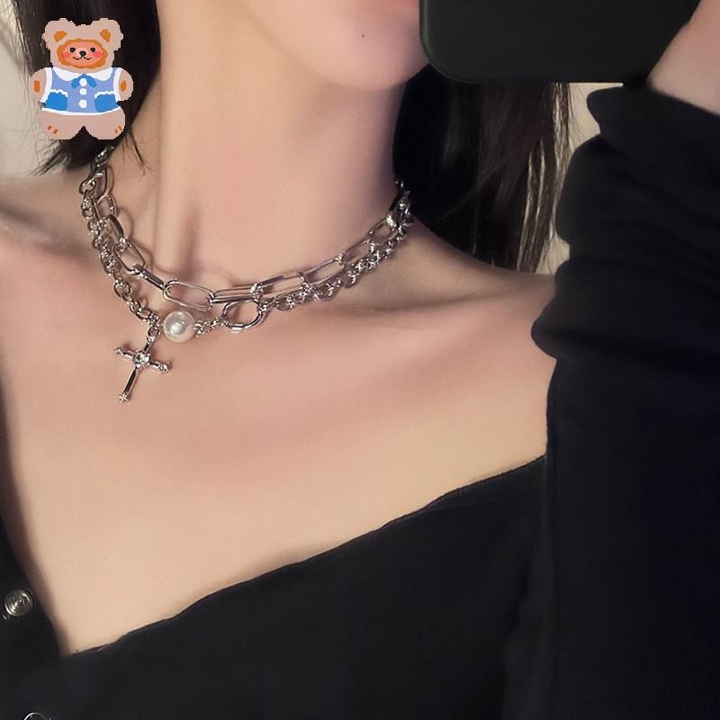 [CSF]Punk Cross จี้สร้อยคอผู้หญิง Kpop Multilayer เลียนแบบ Pearl Choker สร้อยคอ Rhinestone จี้สร้อยค