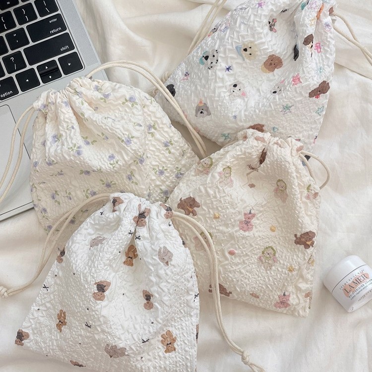 น่ารักการ์ตูนหมีเชอร์รี่ดอกไม้ เชือกรูด กระเป๋าจิปาถะออแกไนเซอร์กระเป๋าแบบพกพามัลติฟังก์ชั่กันฝุ่นลิปสติกถุงเก็บเหรียญมินิถุงผ้า