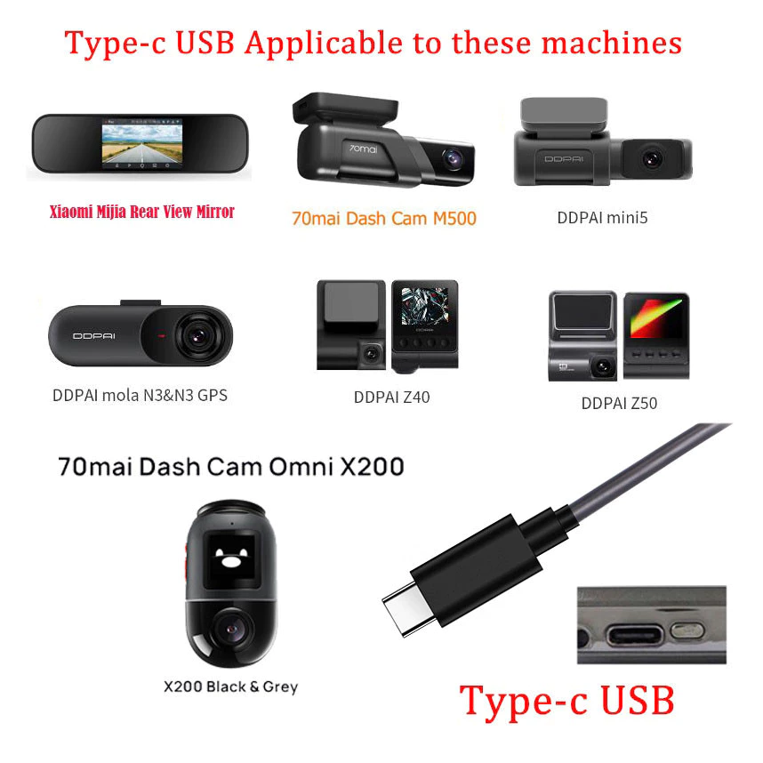 ประเภท C สําหรับ 70mai สายชาร์จสําหรับ 70mai Omni A800SE/X800/X200/A810/M310/A510/M500 สําหรับสาย Dual DDPAI Mini5 Z40 N3 สาย type-c สาย Car DVR Power charge Line thumbnail 5