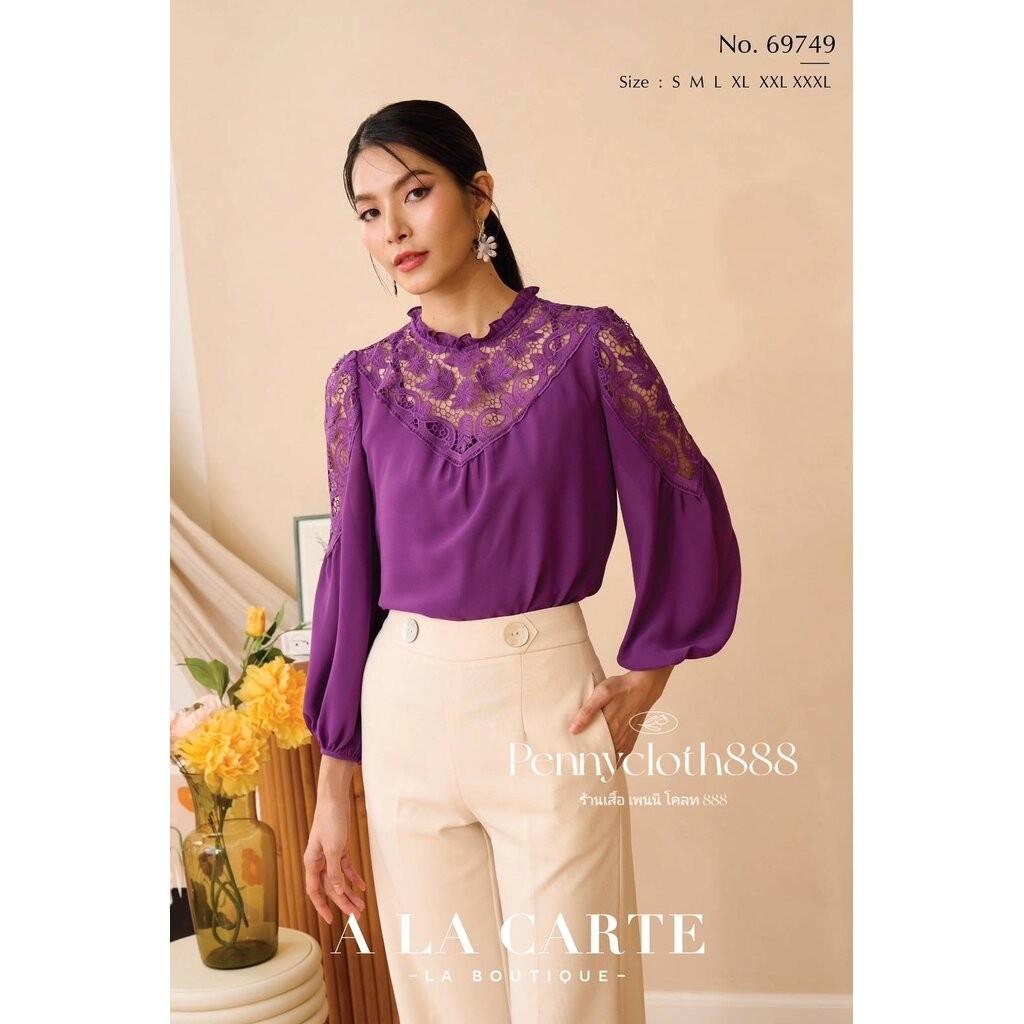 69749 เสื้อ A La Carte ชีฟองแต่งลูกไม้เนื้อทอใหม่ ช่วงอก และแขน มีซับใน by PENNY CLOTH 888