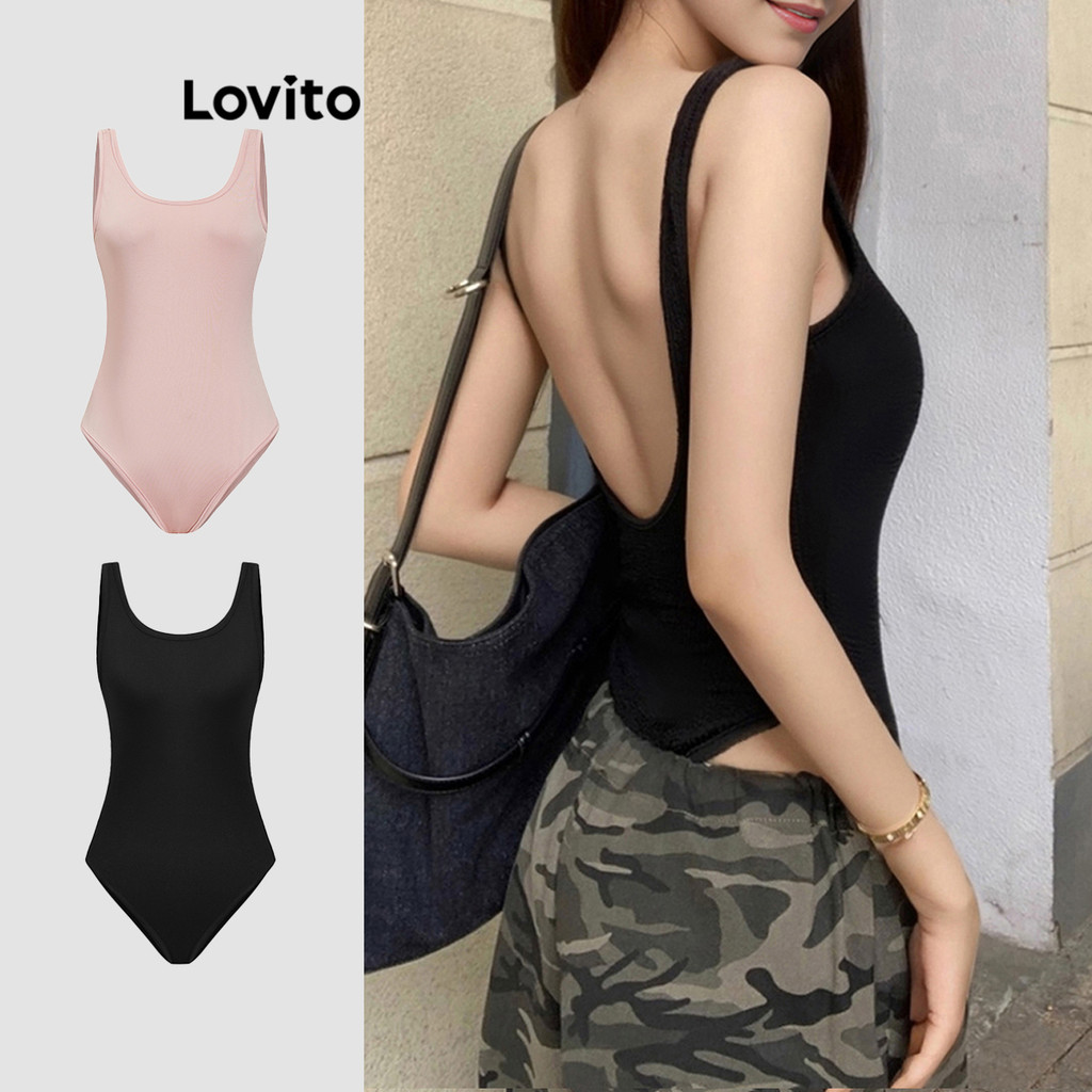 Lovito บอดี้สูทผู้หญิง เปิดหลัง เบสิก สีพื้น สไตล์ลำลอง L89MD025(หลากสี)