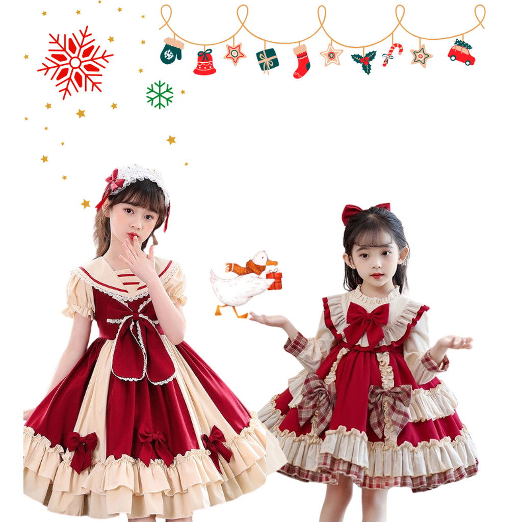 พร้อมส่ง ชุดคริสมาสต์ เดรสแขนยาวกระโปรงระบายแต่งติดโบว์