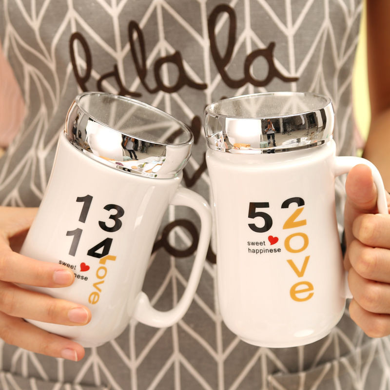 แก้วสร้างสรรค์ถ้วยเซรามิกน่ารักคู่ถ้วยกาแฟคู่เวอร์ชั่นเกาหลีนักเรียนหญิงถ้วยน้ําพร้อมฝาปิดช้อนอินเทรนด์