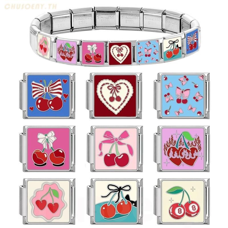 ยอดนิยมรักสีชมพูเชอร์รี่อิตาเลี่ยน Charm Links Fit 9 มม.สร้อยข้อมือสแตนเลสทําเครื่องประดับ