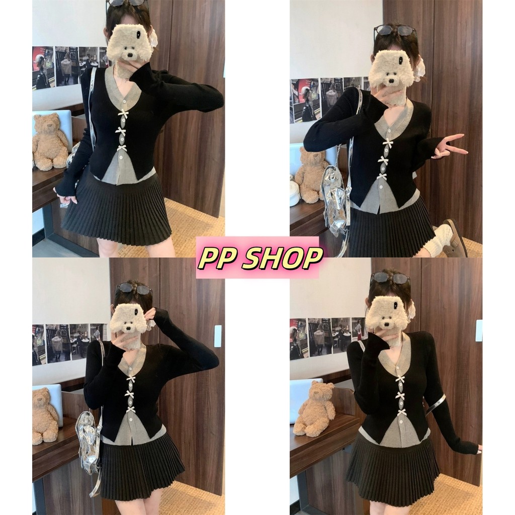 PP Shop​ ​พร้อมส่ง แขนยาว เสื้อไหมพรม เสื้อกันหนาว ของปลอมสองชิ้น คอวี กระดุมหน้า ตกแต่งโบว์ เข้ารูป เสื้อแฟชั่น#56215