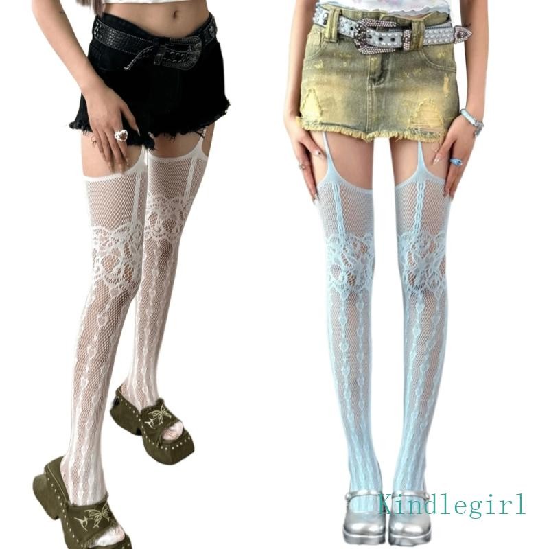 King ผู้หญิงดูผ่าน Fishent Pantyhose Suspender Tights Gothic Heart รูปแบบ Hollowed Garter เข็มขัดต้นขาถุงน่อง