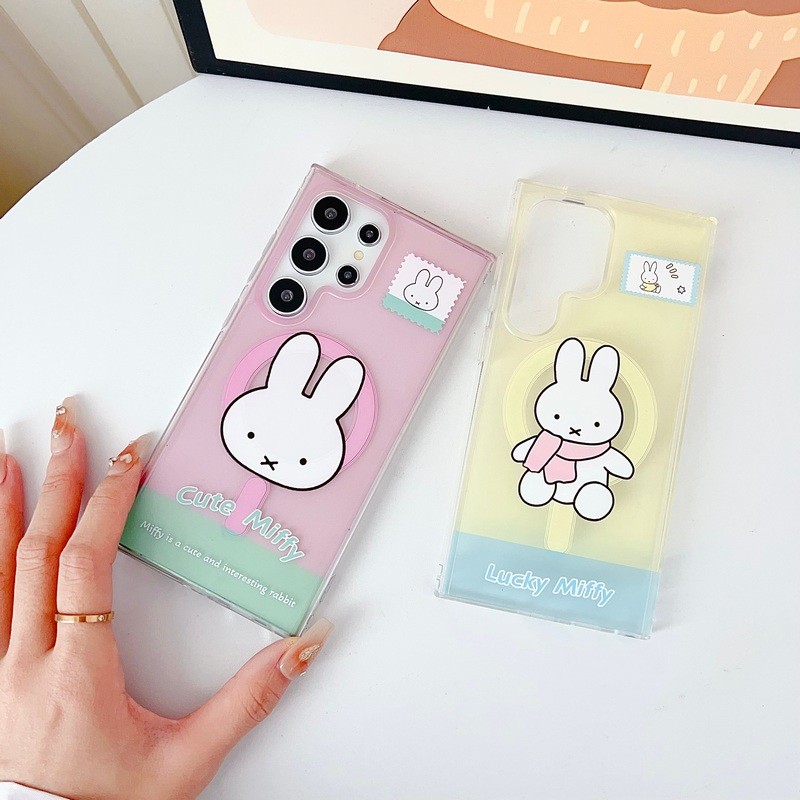 SAMSUNG น่ารัก Miffy กระต่ายสีขาว วงเล็บแม่เหล็ก สร้อยข้อมือ เคสแข็งใส สําหรับ Galaxy S24 S23 S25 Plus S26 ฝาครอบโทรศัพท์