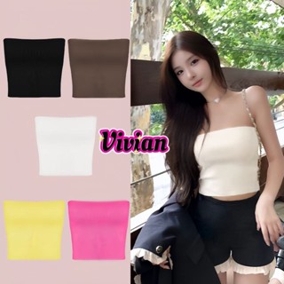 🎀Vivian🎀ด้านบนของท่อ สีพื้น สไตล์เปิดไหล่ ผ้าสองชั้น เสื้อคร…