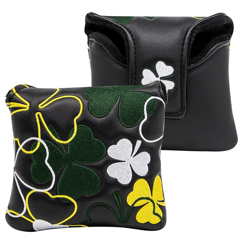 ปัก Four-Leaf Clover Golf Putter Cover Square Putter Cap Cover Ball Head ฝาครอบป้องกัน PU แม่เหล็กปิดตัวเลือกต่างๆ