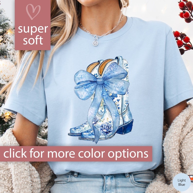 Cowgirl Boots Shirt, Blue and White Boots Tshirt for Women, Coquette Cowgirl T Shirt Gift for Her, C