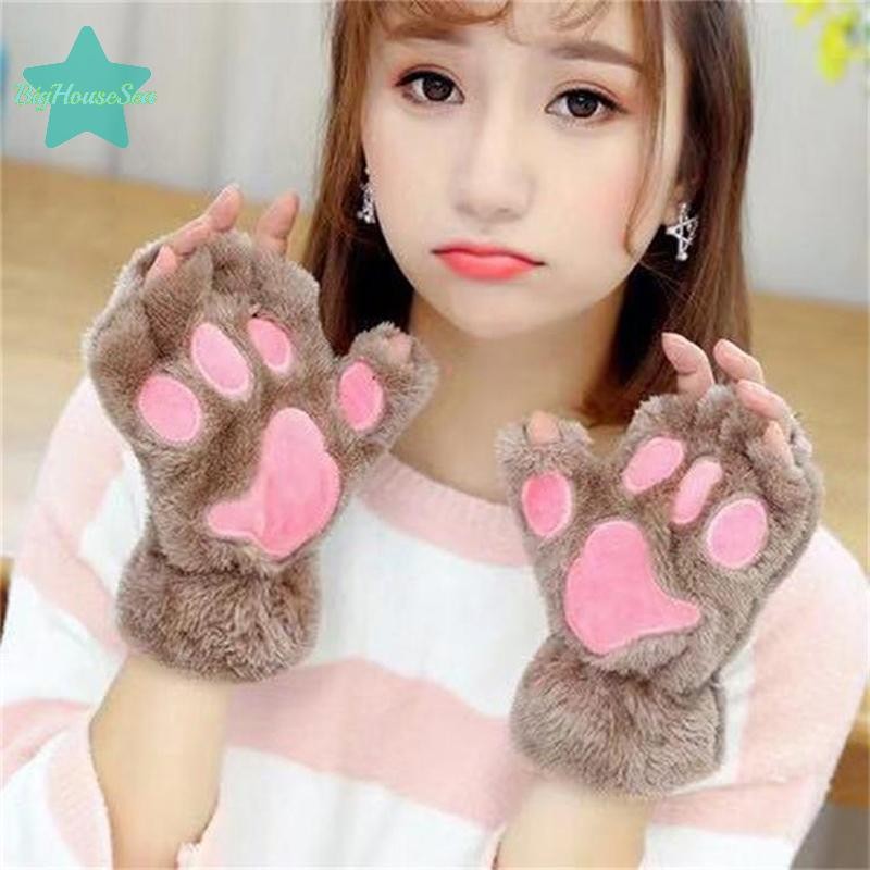 [BigHouseSea] ถุงมือไร้นิ้วอุ้งเท้าแมวน่ารัก ถุงมือไร้นิ้วตุ๊กตาหนานุ่มอุ่นครึ่งนิ้วใหม่