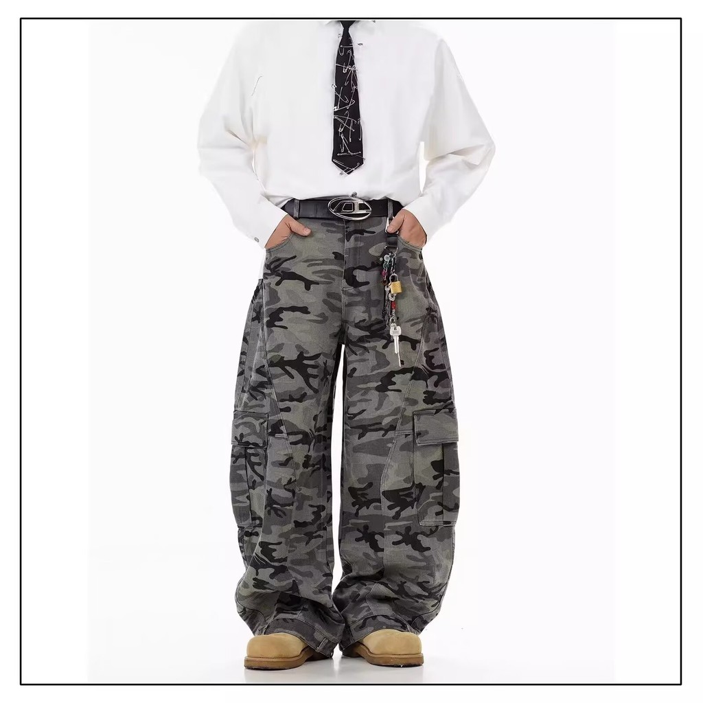 กางเกงขากว้างมีดโค้งถนนย้อนยุคอเมริกันสําหรับผู้ชายและผู้หญิงกางเกงทํางานขาตรงลําลองหลวมอินเทรนด์