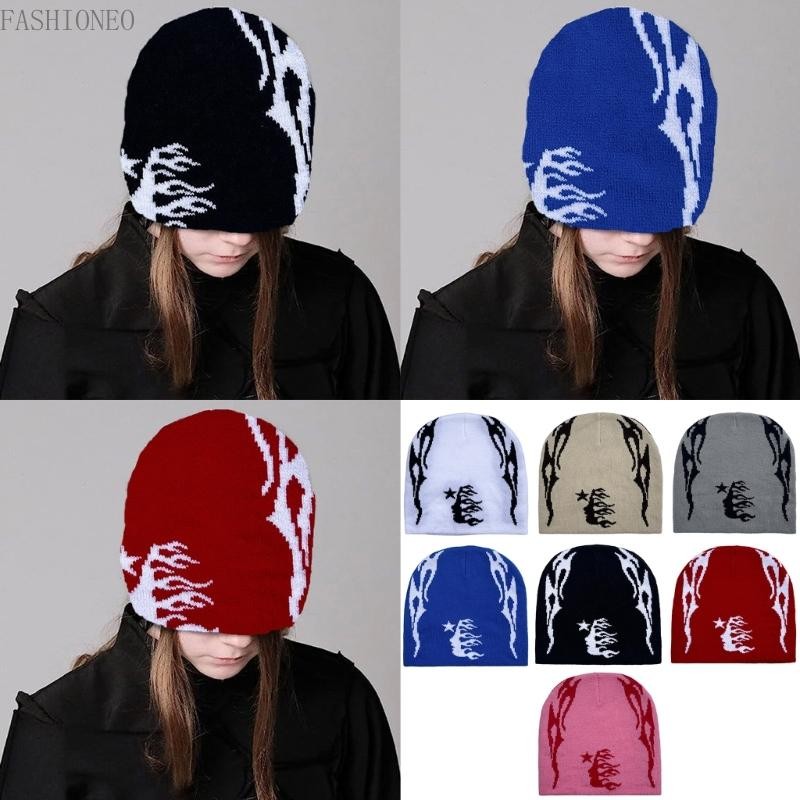 Fas รูปแบบเปลวไฟหมวกสําหรับผู้หญิงสาวยอดนิยมโครเชต์ Beanies หมวกแฟชั่น Hiphop หมวก Western Skull หมวกฤดูหนาวที่อบอุ่น Headpi