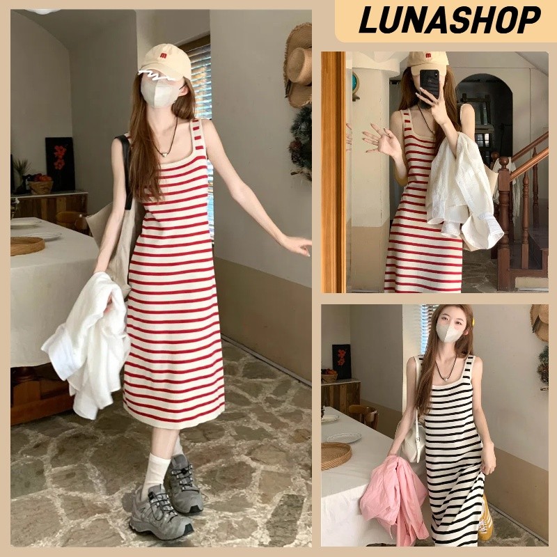 Luna Shop เดรสสไตล์เกาหลี น่ารักหวานๆ ลายทางแนวนอน โชว์กระดูกไหปลาร้า เดรสยาวแขนกุด