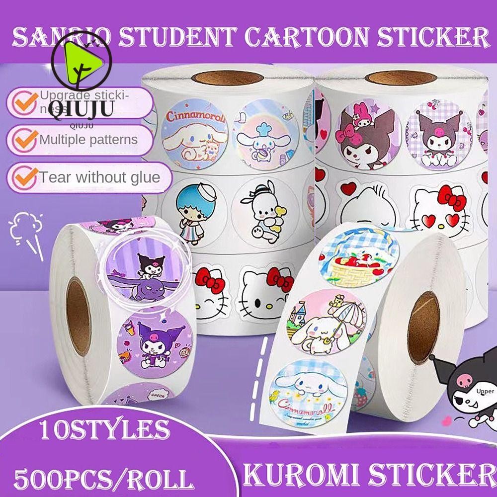 SANRIO ชิวจู 500ชิ้น/ม้วนสติ๊กเกอร์ซานริโอ,การ์ตูนสไตล์กาวในตัวสติ๊กเกอร์การ์ตูน,แบบพกพากันน้ํา คุโรมิ ทํานอง HelloKitty กระดาษเทปฉลากสติกเกอร์โรงเรียน
