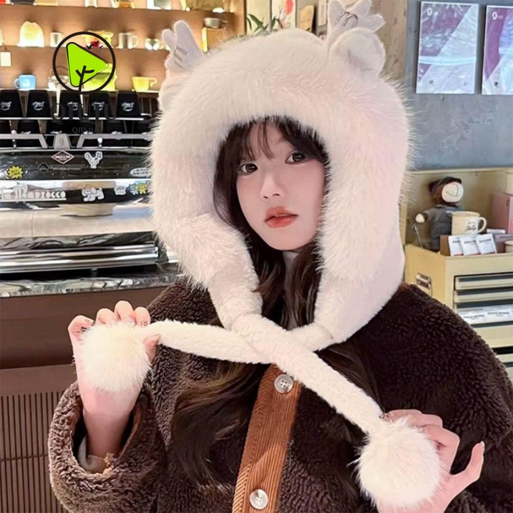 ชิวจู หมวกแก๊ปตุ๊กตาหมวกฤดูหนาวที่อบอุ่นน่ารักหมวกป้องกันหู น่ารัก กํามะหยี่หนาสําหรับผู้หญิง