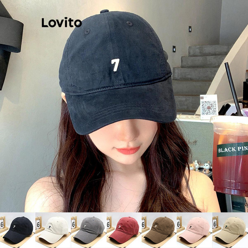 Lovito หมวกผู้หญิง ปักลาย สีพื้น สไตล์ลำลอง LFA30343