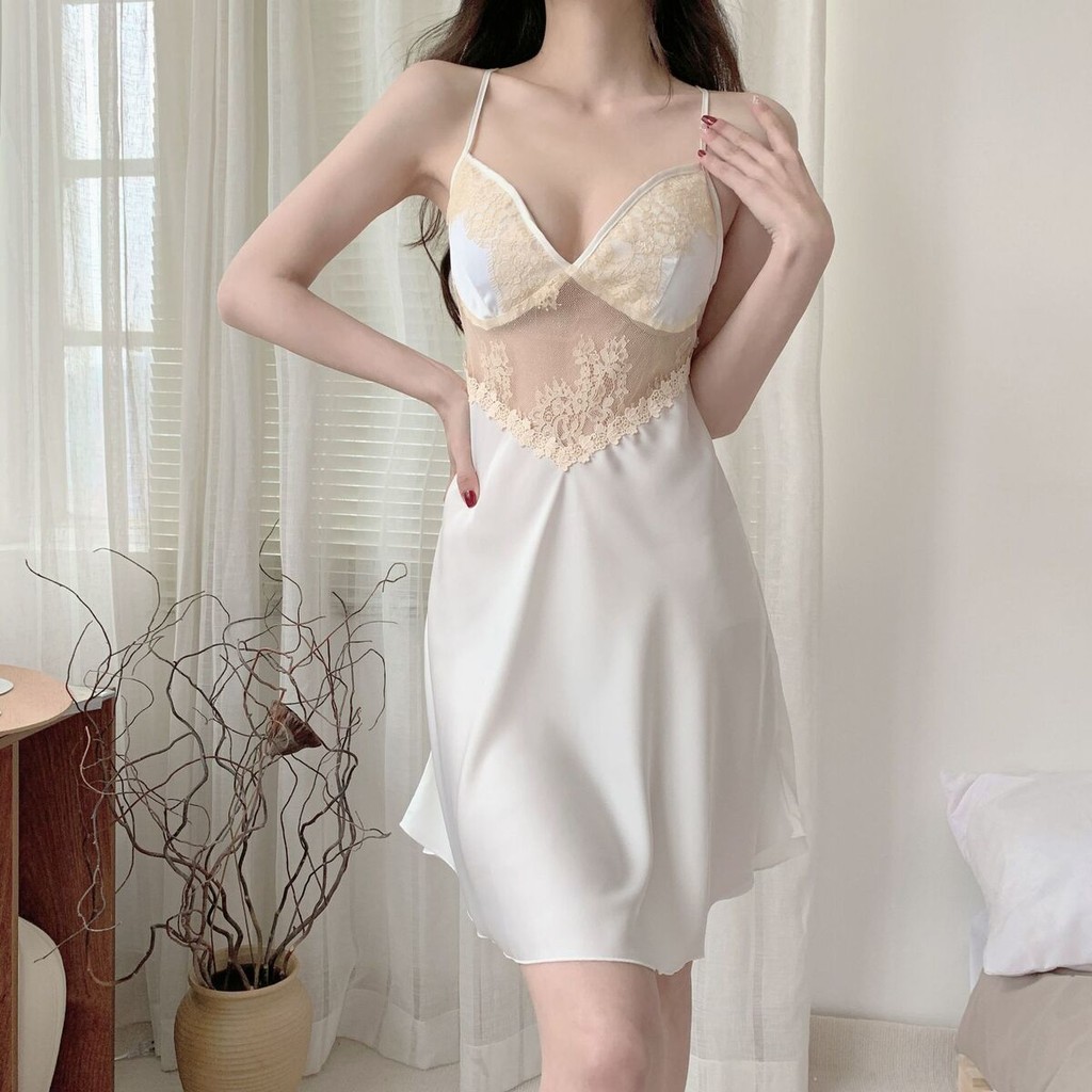 ใหม่ลูกไม้สลิง Nightdress ความรู้สึกระดับไฮเอนด์อารมณ์ผ้าไหมน้ําแข็ง Paja