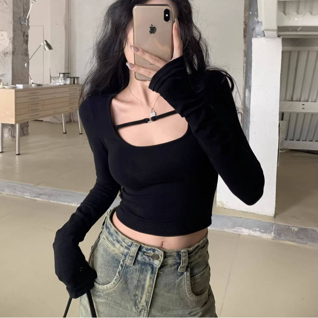 Bh Spring Women Modal เสื้อยืดแขนยาว U คอคัตเอาท์ เสื้อครอปกระดูกไหปลาร้า - รูปที่ 3