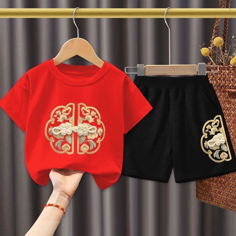 2025 H Anfu เด็กเด็กเสื้อผ้าปีใหม่ชุดจีนดั้งเดิมสวมใส่เสื้อแขนสั้นกางเกงเด็กรสสูท