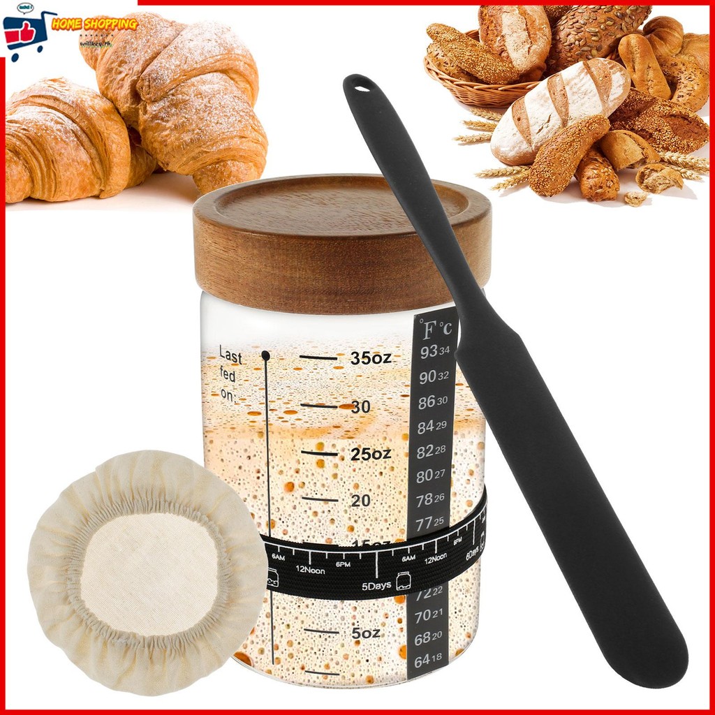 6 ชิ้น Sourdough Starter Jar ชุด 1000ml ปากกว้าง Sourdough Starter คอนเทนเนอร์ฝาไม้สําหรับ Sourdough