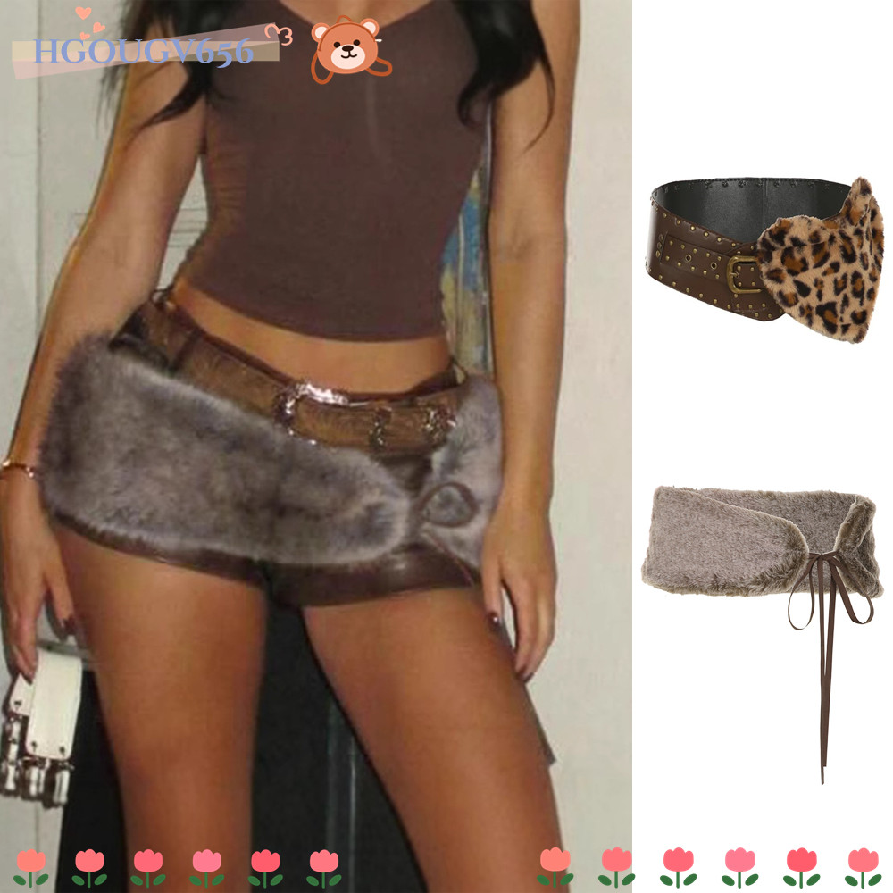 Hgougv656 เข็มขัด, เข็มขัดผ้าพันแผลกว้างขนเทียม, เข็มขัดตุ๊กตาปรับได้ย้อนยุคปุยฤดูหนาว