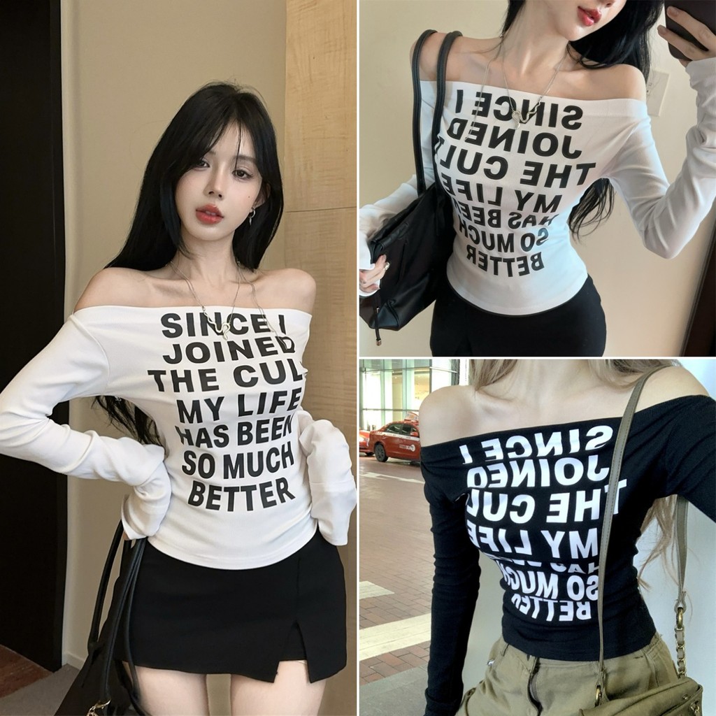 Hotgirl พร้อมส่ง✨เสื้อยืดผู้หญิง เสื้อพิมพ์ลาย เสื้อเซ็กซี่แบบอเมริกัน เสื้อผ้าปิดไหล่ แขนยาว