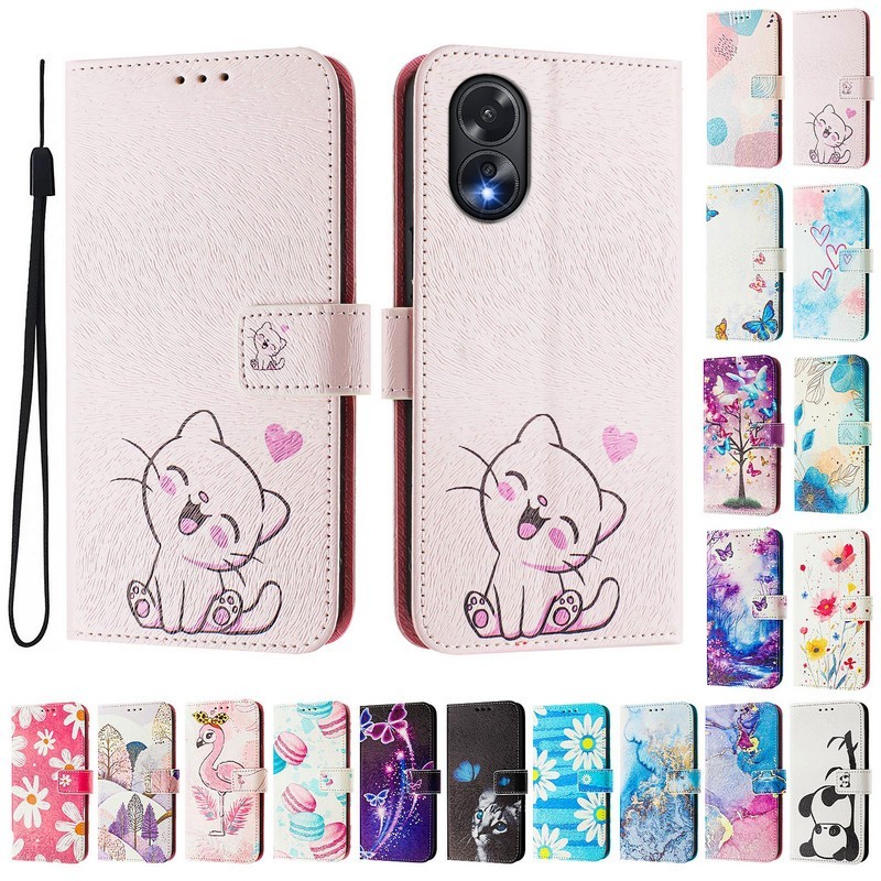 Oppo A18 A38 กรณีน่ารักทาสีรูปแบบพลิกเคสโทรศัพท์สําหรับ OPPO A58 A78 A98 5G กรณีแม่เหล็กกระเป๋าสตางค์หนังปกหนังสือ