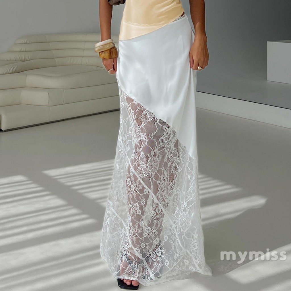 Mymiss1-กระโปรงยาวลูกไม้ผู้หญิงเอวกลางสีทึบไม่สมมาตร Patchwork Elegant กระโปรง