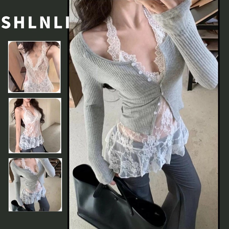 เสื้อกั๊กทรงสลิมคอวีลูกไม้สีขาวสไตล์เกาหลีของผู้หญิงสําหรับฤดูใบไม้ผลิฤดูร้อน