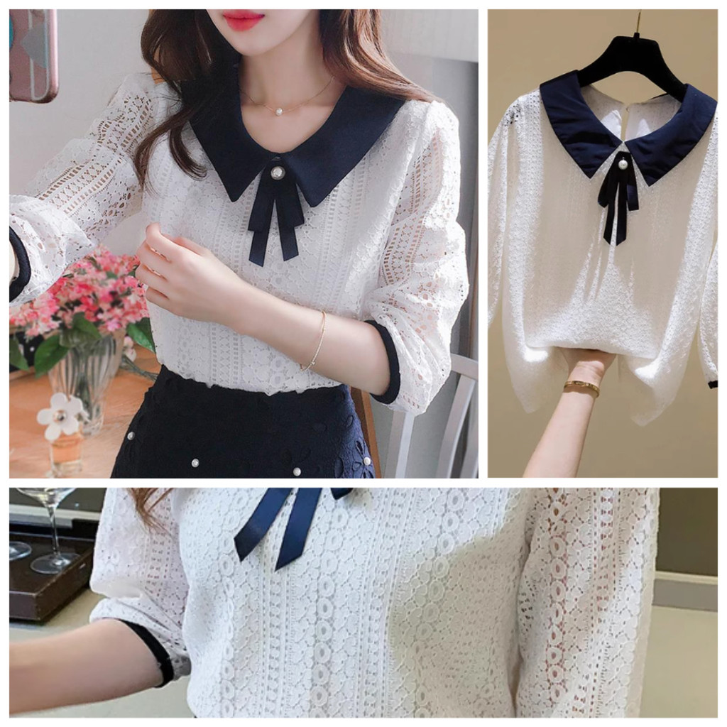 เสื้อเชิ้ตฐานลูกไม้ตู๊ดของผู้หญิงเสื้อเชิ้ตชีฟองเกาหลีในฤดูใบไม้ผลิและฤดูร้อนเสื้อเชิ้ตจัดส่งในกรุงเทพฯ