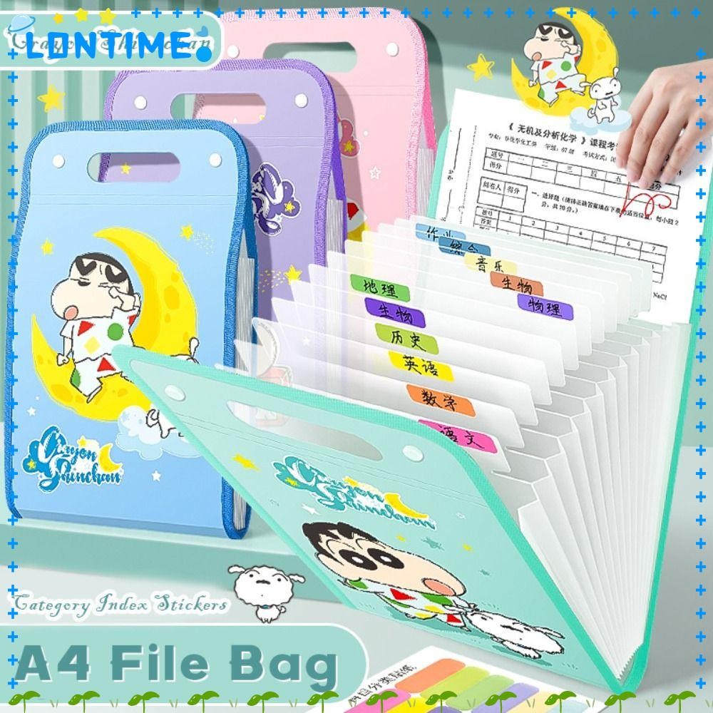 LONTIME แฟ้ม A4, กระเป๋าแฟ้ม 13 ชั้นแบบมือถือ, กระเป๋าข้อมูลการจําแนกประเภทเครยอนชินจังความจุขนาดใหญ่ระดับมืออาชีพสําหรับสํานักงานโรงเรียน