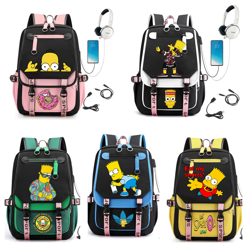 Anime Simpsons Backpack Student School Bag Laptop Bagpack Travel Bag (อินเทอร์เฟซ USB และหูฟัง)